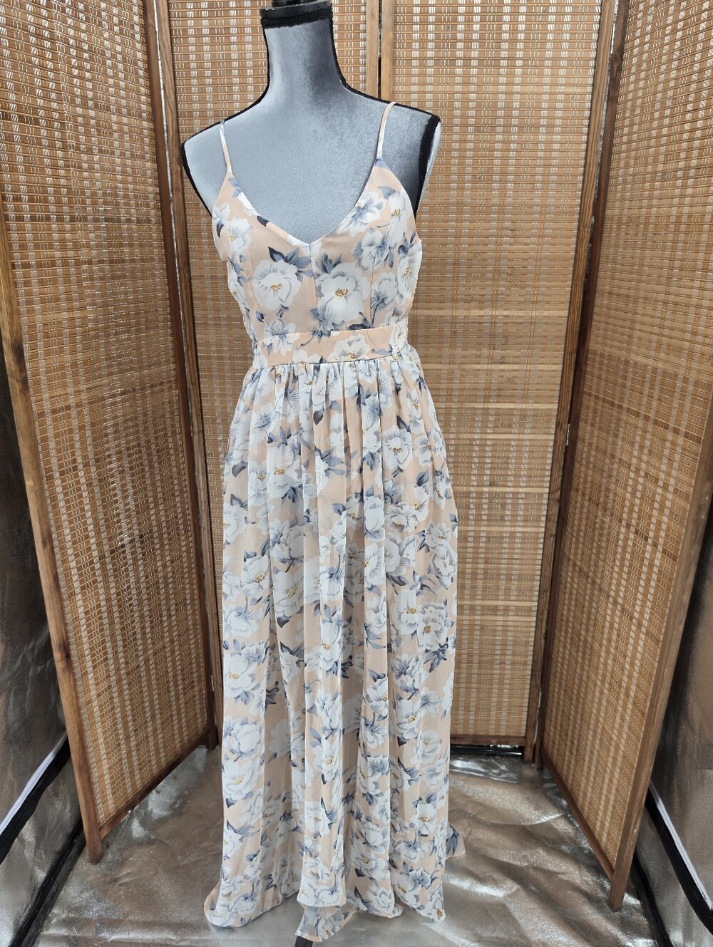 Miss Avenue Floral Open Back Sleeveless Chiffon Dress Peach White Size Small